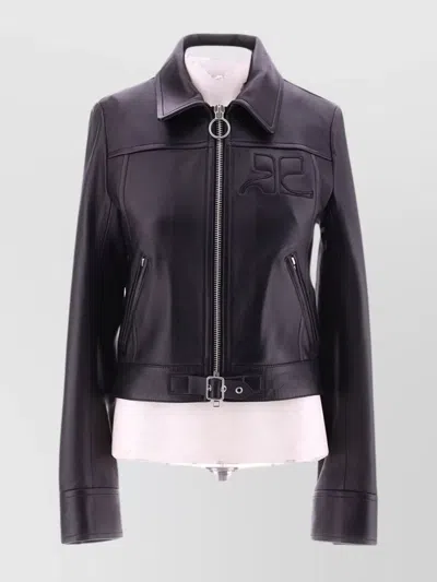 Courrèges Leather Jacket Belted Zip Pockets In Black