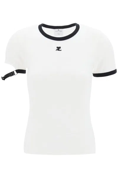 COURRÈGES LEATHER STRAP T-SHIRT WITH SLEEVE DETAIL.