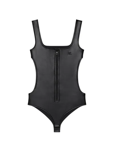Courrèges Top Cut Out Faux Body In Leather In Black