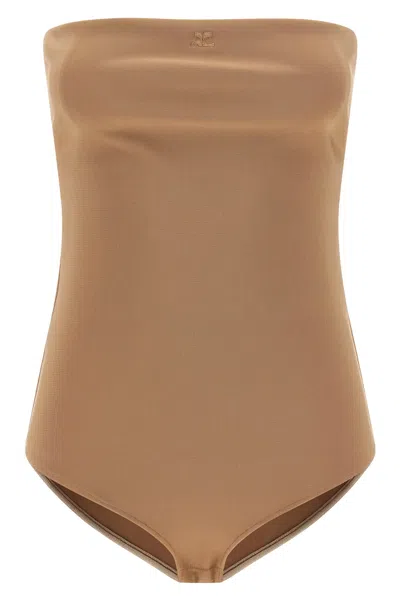 Courrèges Strapless Seamless Bodysuit Top In Brown