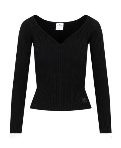 Courrèges Logo-appliqué V-neck Top In Black