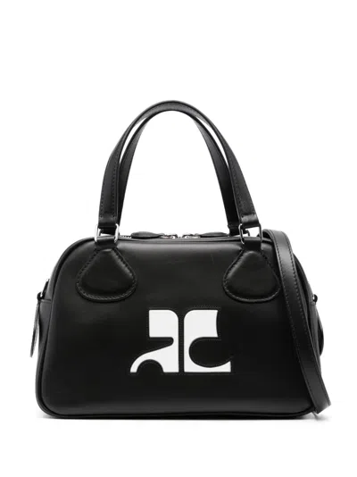 Courrèges Structured Black Calf Leather Tote Bag With Contrasting Logo