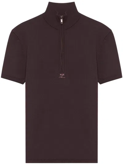 Courrèges Logo-appliqué Mock-neck T-shirt In Brown