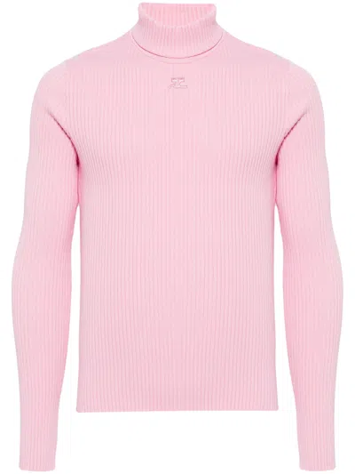 Courrèges Logo-appliqué Ribbed-knit Jumper In Pink