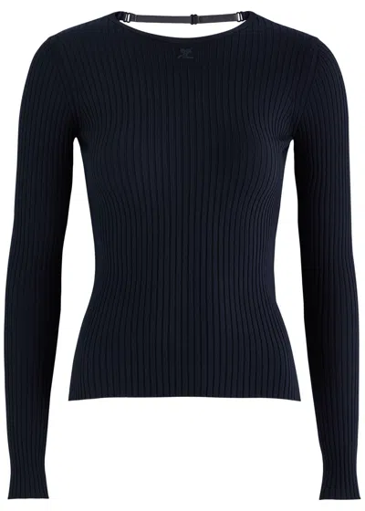 Courrèges Logo-appliquéd Ribbed-knit Top In Navy