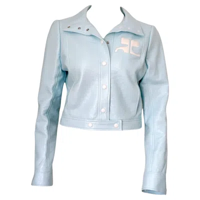 Pre-owned Courrèges Logo Cropped Blue Vinyl Buttoned Jacket Sz 42
