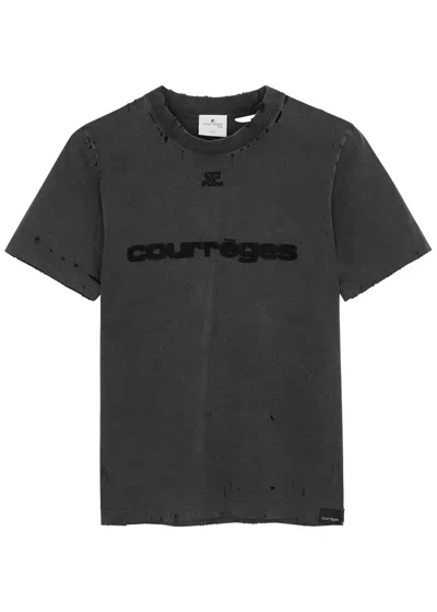 Courrèges Logo Distressed Cotton T-shirt In Dark Grey