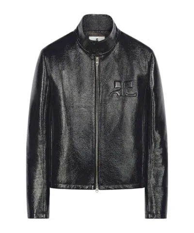 COURRÈGES LOGO-EMBOSSED PATENT BIKER JACKET