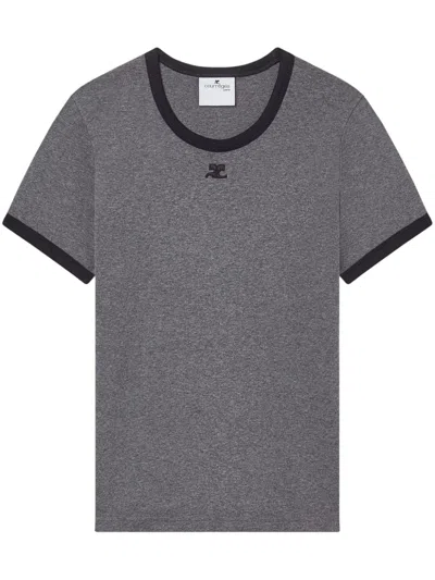 Courrèges Logo-embroidered Cotton T-shirt In Grey