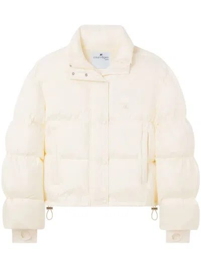 Courrèges Cropped Puffer Jacket With High Stand Collar And Snap Button Closure In Neutral
