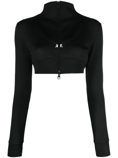 Courrèges Courreges Logo-embroidered Cropped Zip-up Jacket In Black