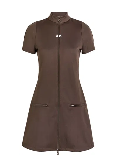 Courrèges Logo-embroidered Jersey Mini Dress In Brown