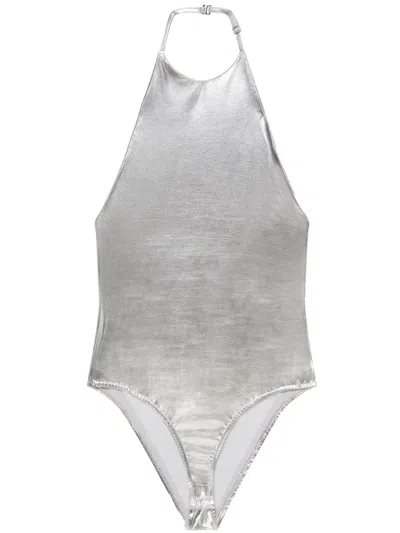 Courrèges Logo-embroidered Metallic-effect Bodysuit In Silver
