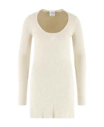 Courrèges Logo-embroidered Rib Knit Dress In White