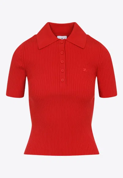 Courrèges Logo-embroidered Rib-knit Polo T-shirt In Red