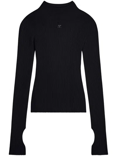 Courrèges Logo-embroidered Ribbed Jumper In Black