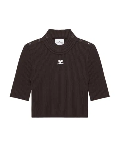COURRÈGES LOGO-EMBROIDERED RIBBED-KNIT CROPPED TOP