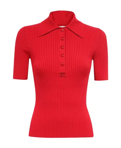 Courrèges Logo-embroidered Ribbed-knit Polo Top In Red