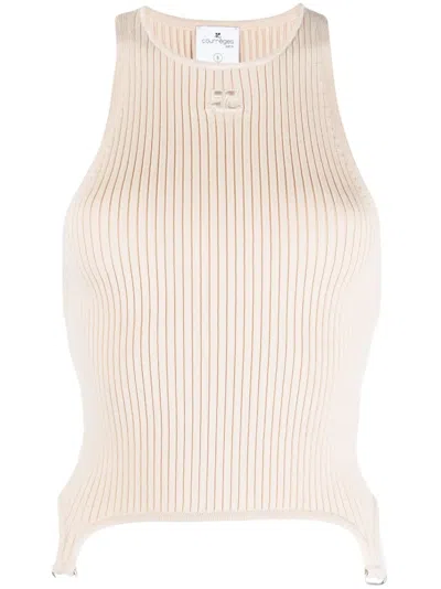 Courrèges Logo-embroidered Ribbed Tank Top In Neutrals