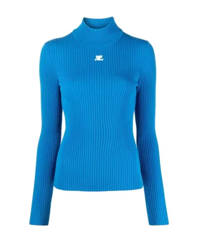 Courrèges Logo-embroidered Roll-neck Jumper In Blue