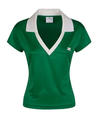 Courrèges Logo Embroidered V-neck Polo Shirt In Green