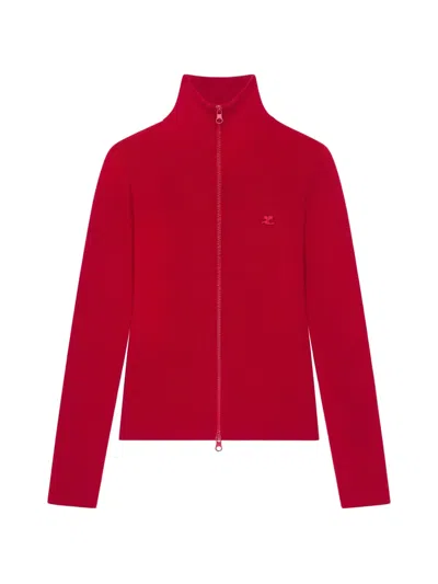 Courrèges Logo Embroidered Zipped Cardigan In Red
