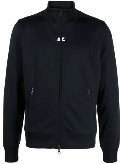 Courrèges Logo-embroidered Zipped Hoodie In Blau