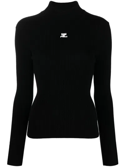 Courrèges Logo Knitted Turtle-neck Sweater In Black