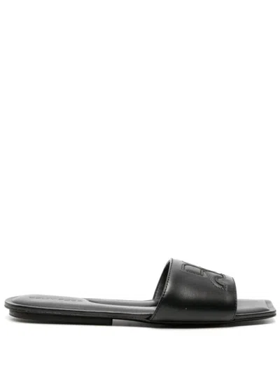 Courrèges Logo Leather Flat Sandals In Black