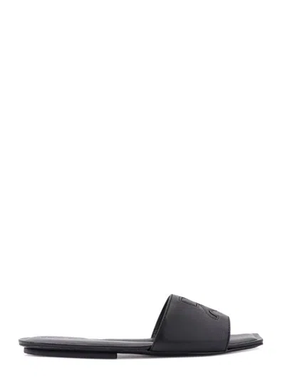 Courrèges Logo Leather Flat Sandals In Black