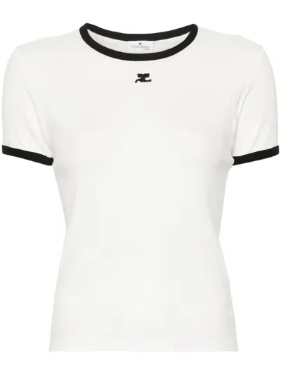 Courrèges Logo-patch Contrasting-trim T-shirt In Weiss