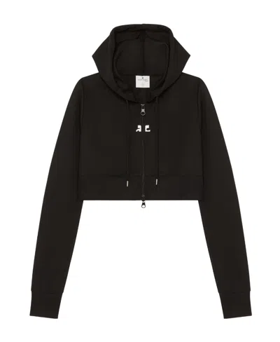 Courrèges Logo-patch Cropped Zipped Hoodie In Black