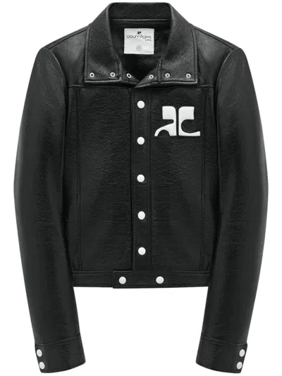 Courrèges Logo-patch Faux-leather Jacket With Structured Collar In Black