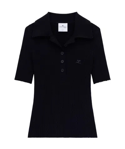 Courrèges Logo-patch Knitted Polo Top In Black
