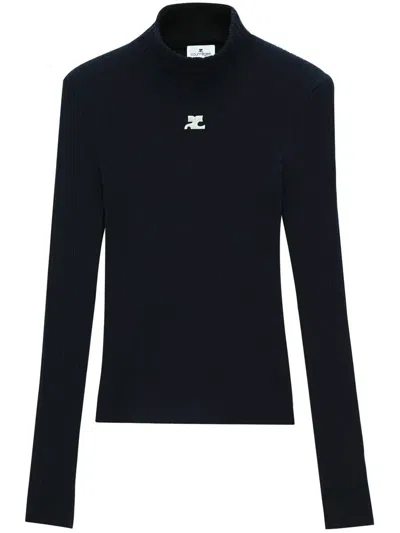 Courrèges Logo-patch Mock-neck Sweater In Blue