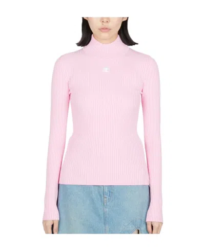 Courrèges Logo-patch Ribbed-knit Jumper In Pink