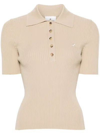 Courrèges Logo-patch Ribbed Polo Top In Neutrals