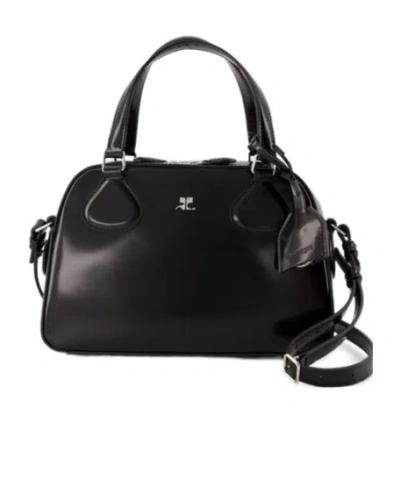 Courrèges Logo Plaque Leather Bowling Bag In Black