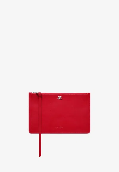 Courrèges Logo Plaque Leather Zip Pouch In Red