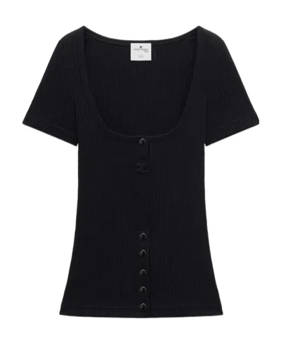 Courrèges Logo-plaque Ribbed T-shirt In Black