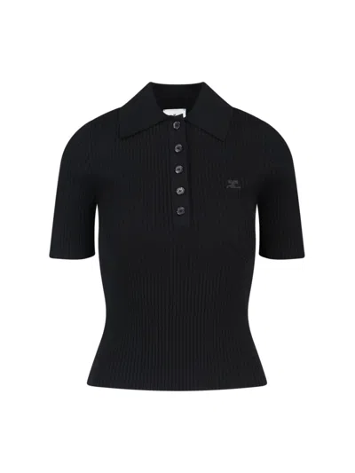 Courrèges Ribbed Short-sleeved Polo Shirt With Buttoned Placket In Black