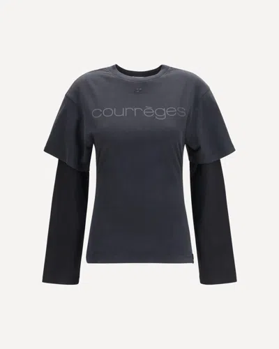Courrèges Logo Print Double Sleeves T-shirt In Blue