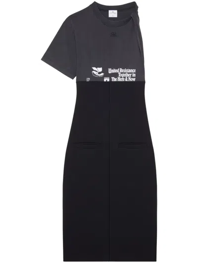 Courrèges Logo-print Panelled Midi Dress In Black