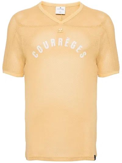 Courrèges Logo-print V-neck T-shirt In Yellow