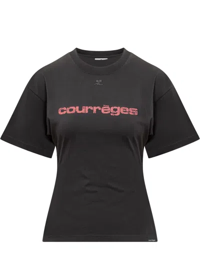 Courrèges Logo Printed Crewneck T-shirt In Grigio E Rosso