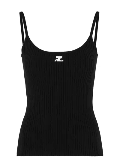 Courrèges Ribbed Spaghetti Strap Top With Elegant Logo Detail And Luxurious Fabric Blend In Black