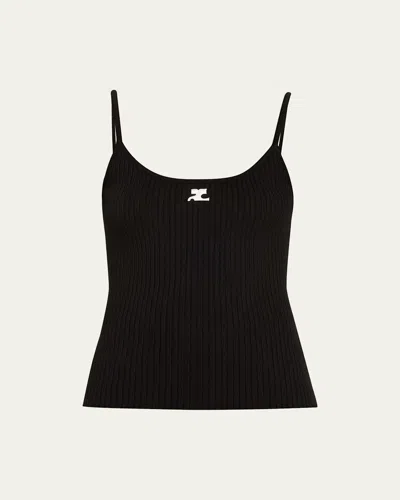 Courrèges Ribbed Spaghetti Strap Top With Elegant Logo Detail And Luxurious Fabric Blend In Black