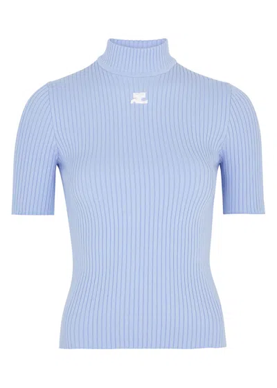 Courrèges Logo-debossed Ribbed-knit T-shirt In Blue