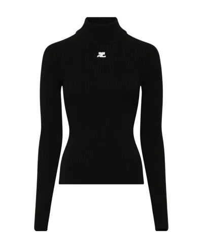 Courrèges Logo Knitted Turtle-neck Sweater In Black