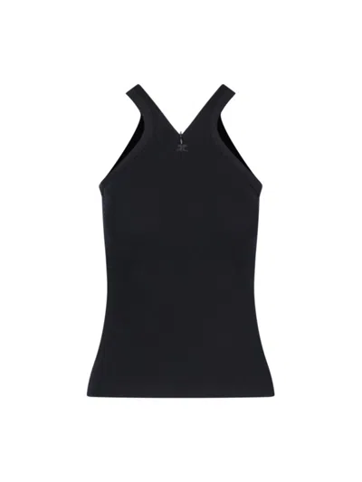 Courrèges Logo Top In Black Stretch Cotton Ribbed Knit
